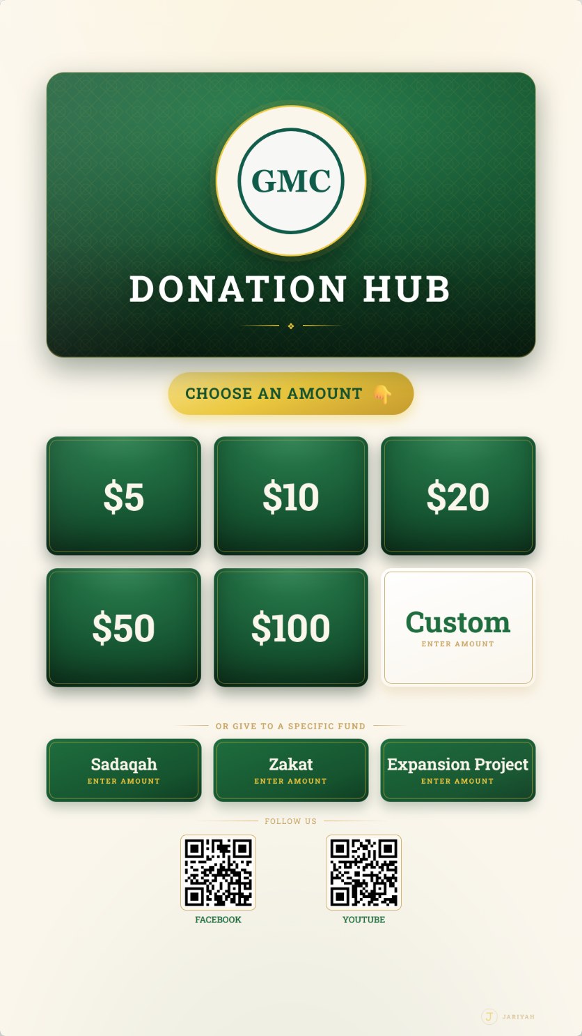 A Jariyah donation kiosk: amount buttons, three funds and two follow-us QR codes