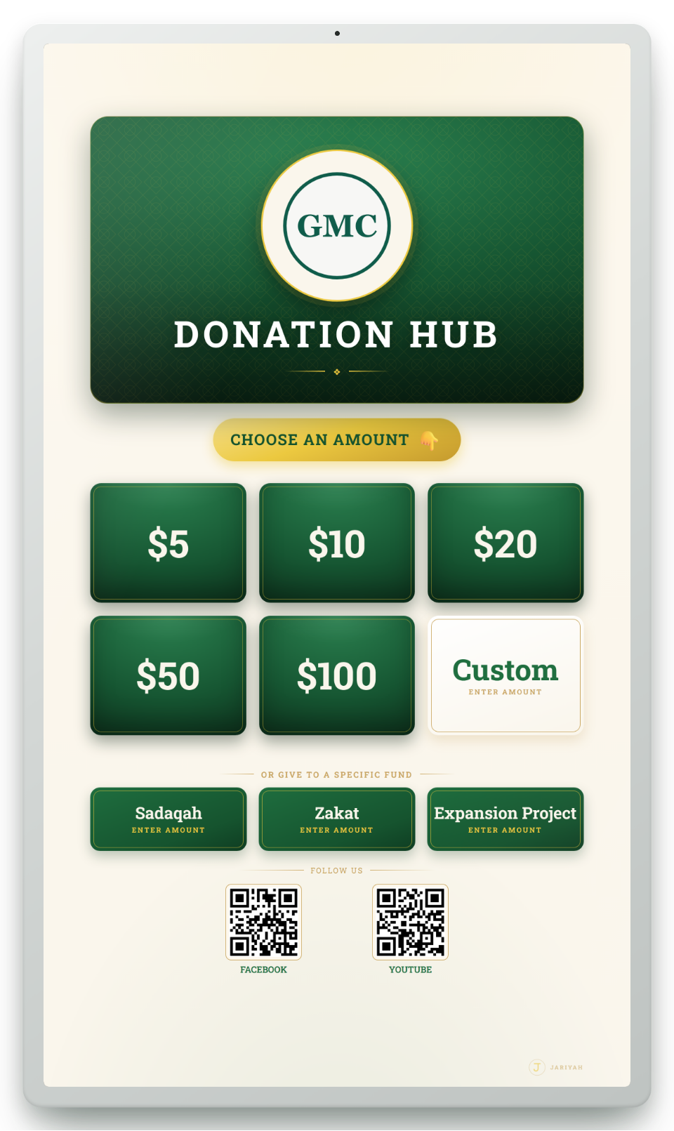 A Jariyah donation kiosk: amount buttons, three funds and two follow-us QR codes