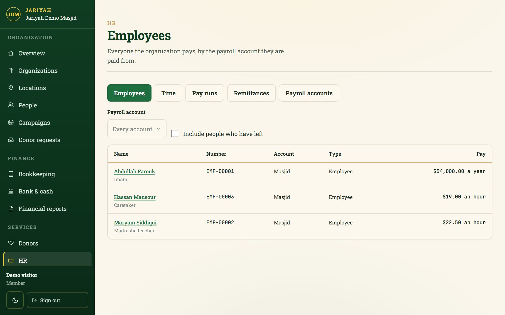 Jariyah HR & payroll in the admin console: a demo masjid’s employees, their positions and pay