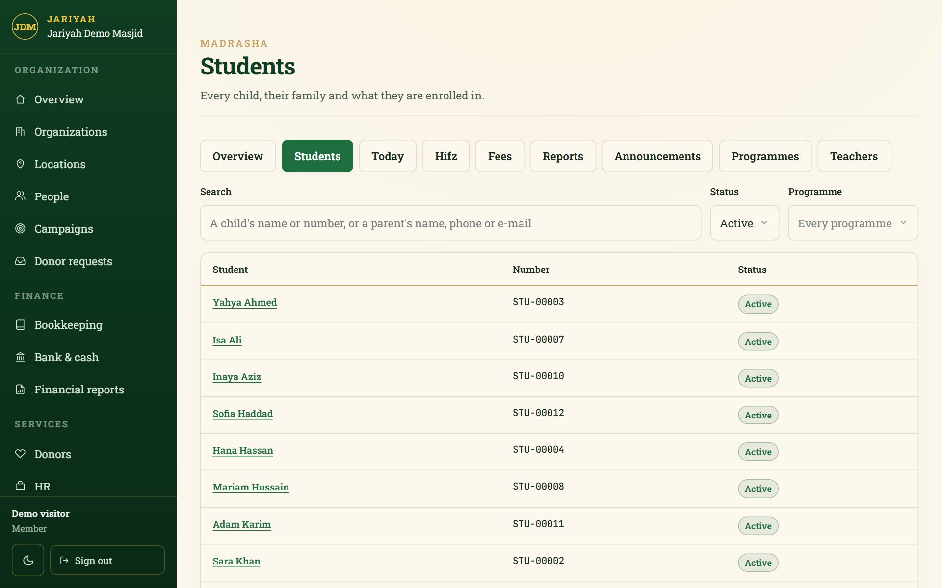 Jariyah Madrasha in the admin console: a demo masjid’s students, each with their number and status