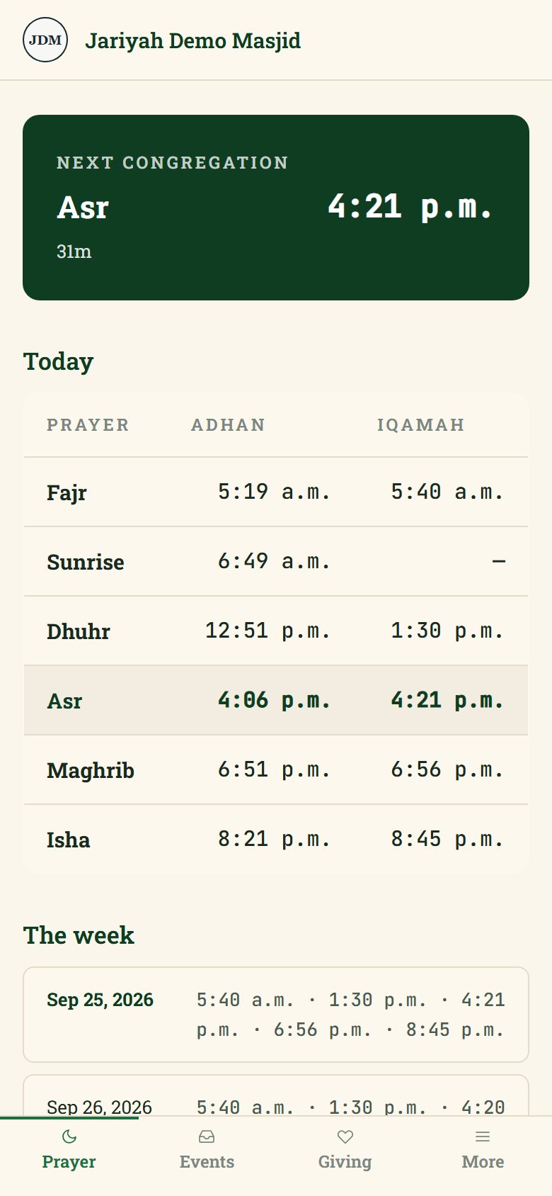 The Jariyah member app on a phone: the next congregation, a countdown, and today’s adhan and iqamah